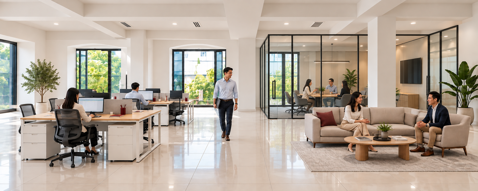 Phối cảnh văn phòng có phòng họp vách kính, sofa tiếp khách và người làm việc